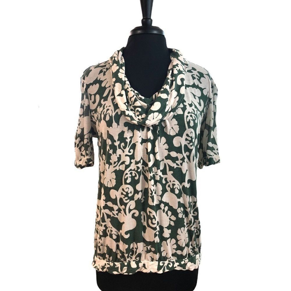 Velvet Green and Cream Cowl Neck Short Sleeve Floral Top Sz M